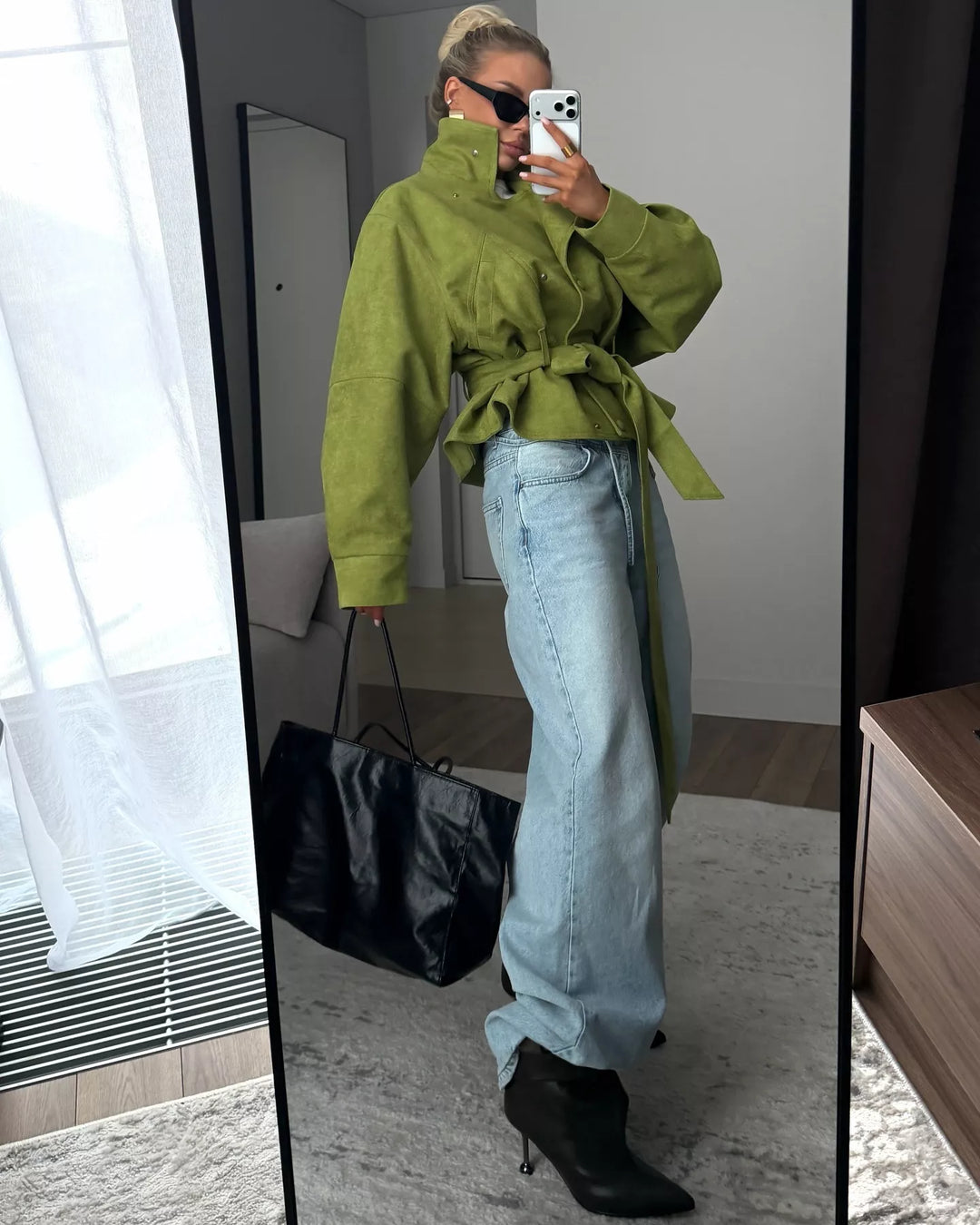 Tie waist cropped jacket with stand collar and snap front