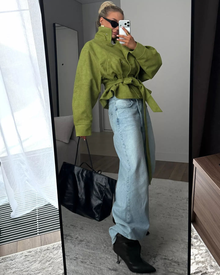 Tie waist cropped jacket with stand collar and snap front