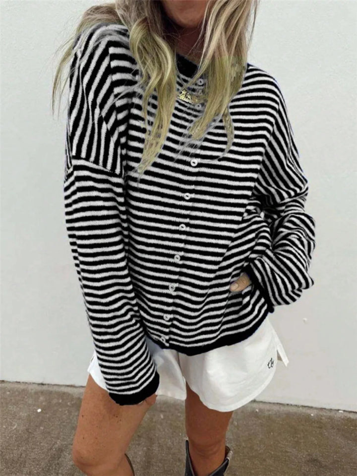 Black Striped lightweight knit button-front cardigan