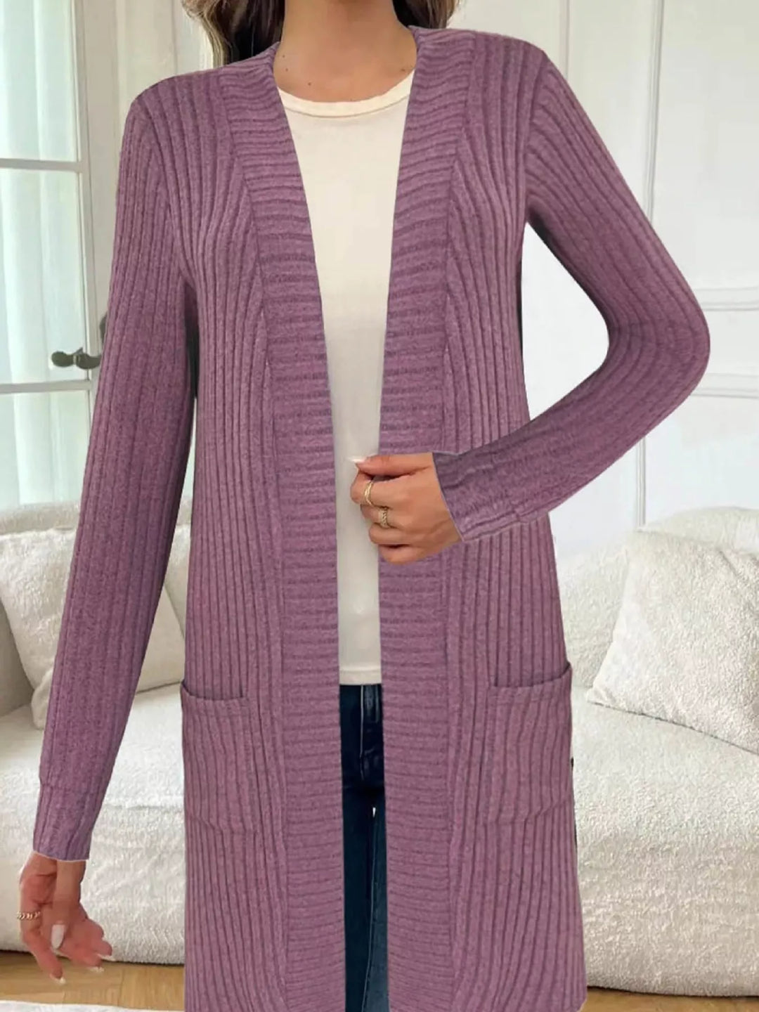 Mauve Ribbed knit open-front longline cardigan with pockets