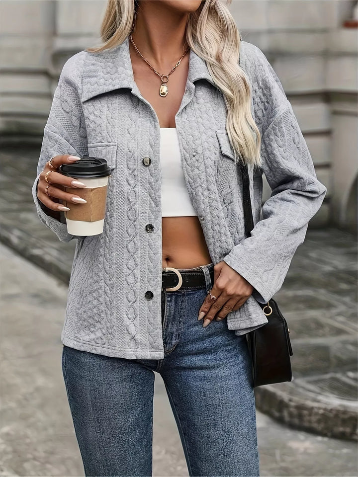 Cable-knit textured button-up jacket with chest pockets