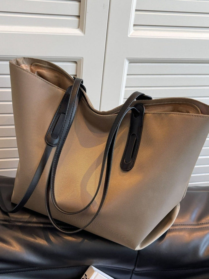 Large capacity nylon shoulder tote bag with contrast straps