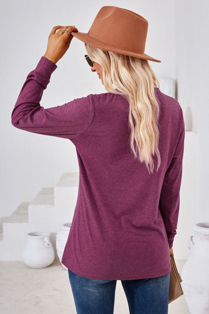 Buttoned split V-neck long sleeve henley top