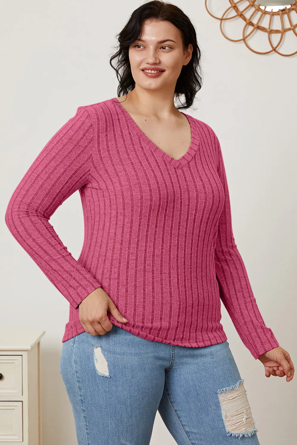 Ribbed v-neck long sleeve knit top