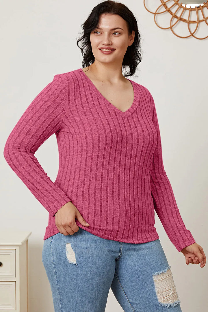 Ribbed v-neck long sleeve knit top