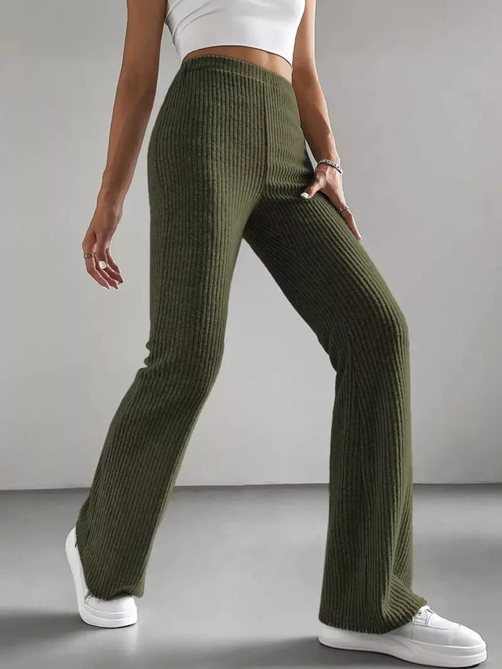 Army Green High-rise ribbed knit flare pants