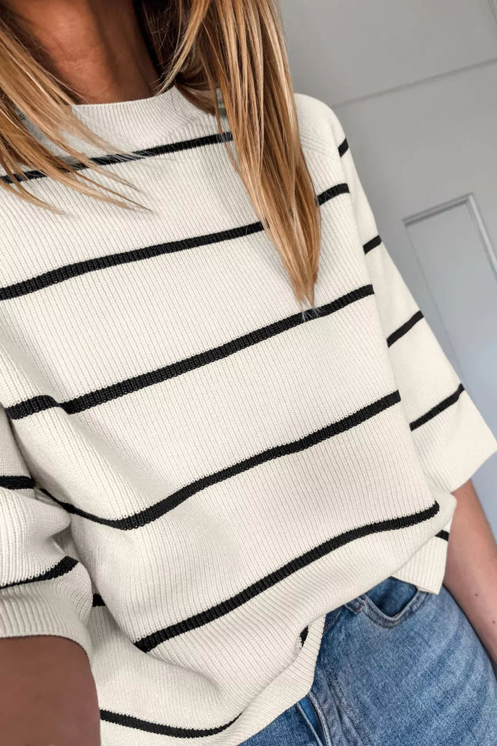 Striped ribbed knit pullover with three-quarter sleeves