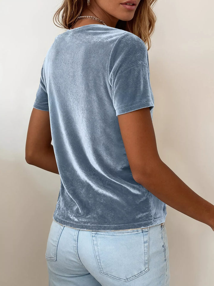 Draped cowl neck velvet top with short sleeves