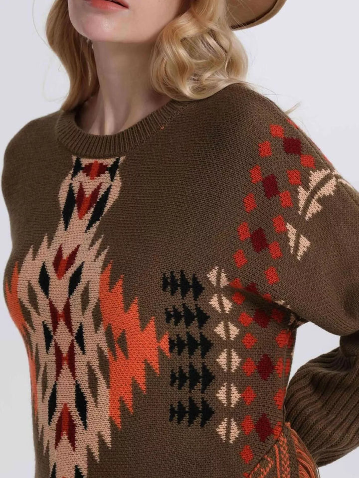 Aztec geometric fringe knit pullover sweater