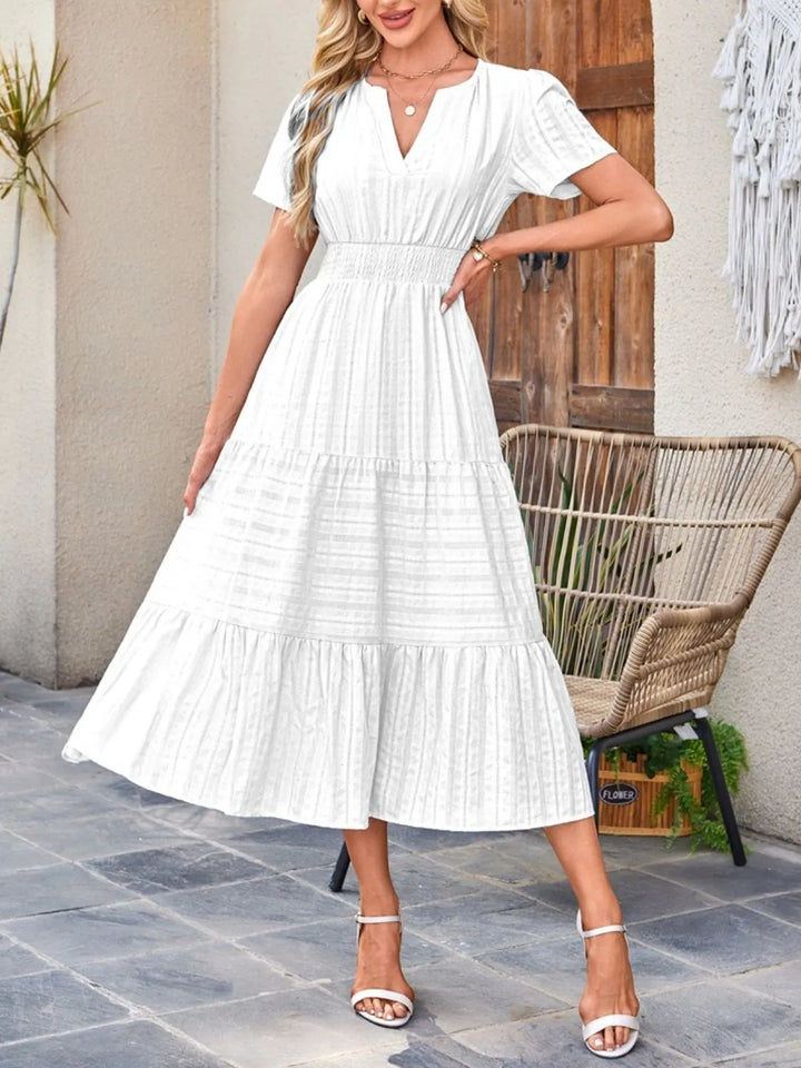 Tiered notched neck short sleeve midi dress with pockets