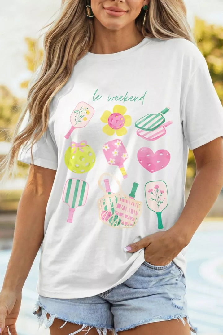 Le Weekend pickleball graphic short sleeve crew neck tee