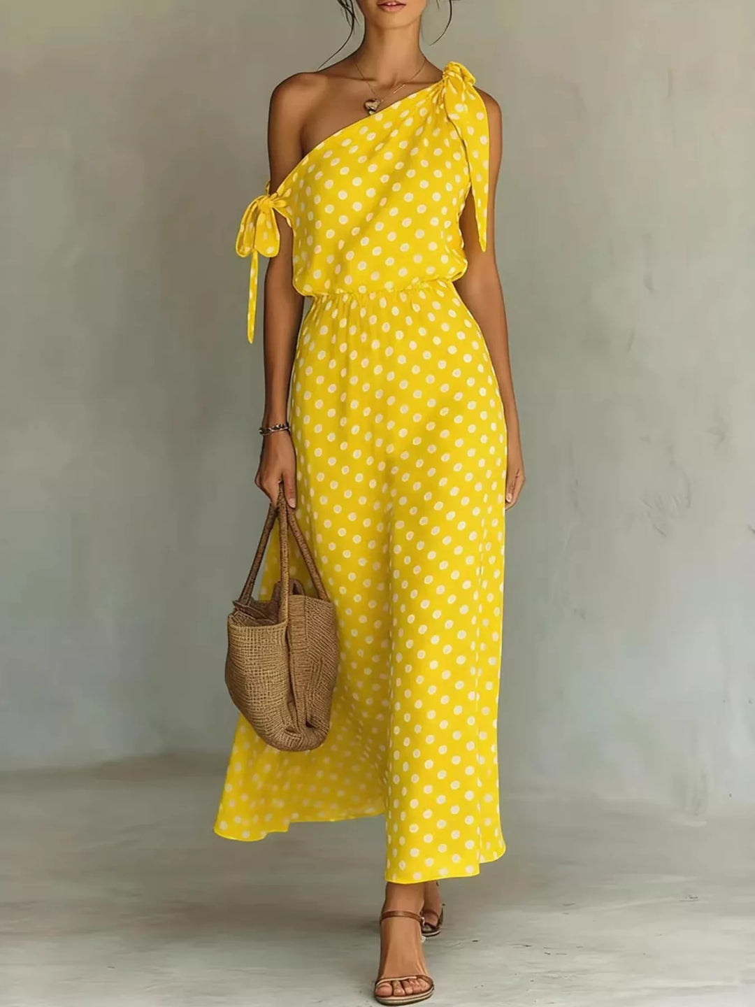 Yellow Polka dot one-shoulder maxi dress with shoulder tie