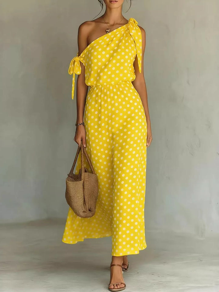Yellow Polka dot one-shoulder maxi dress with shoulder tie