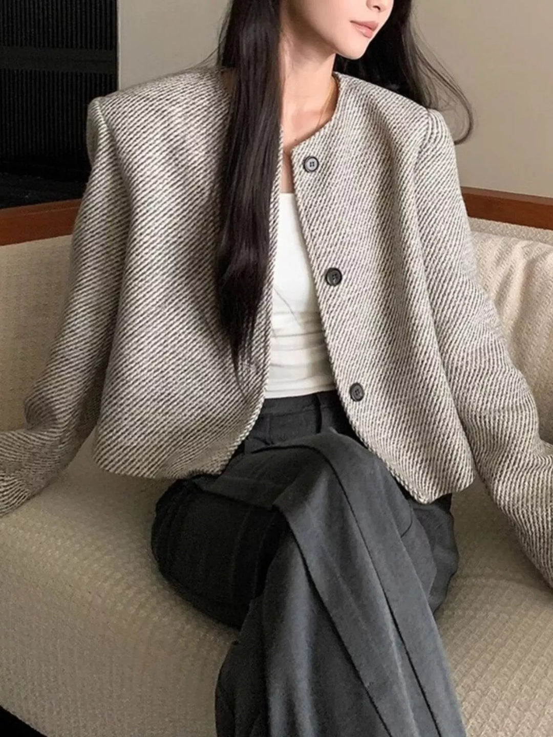 Collarless tweed cropped jacket with button front