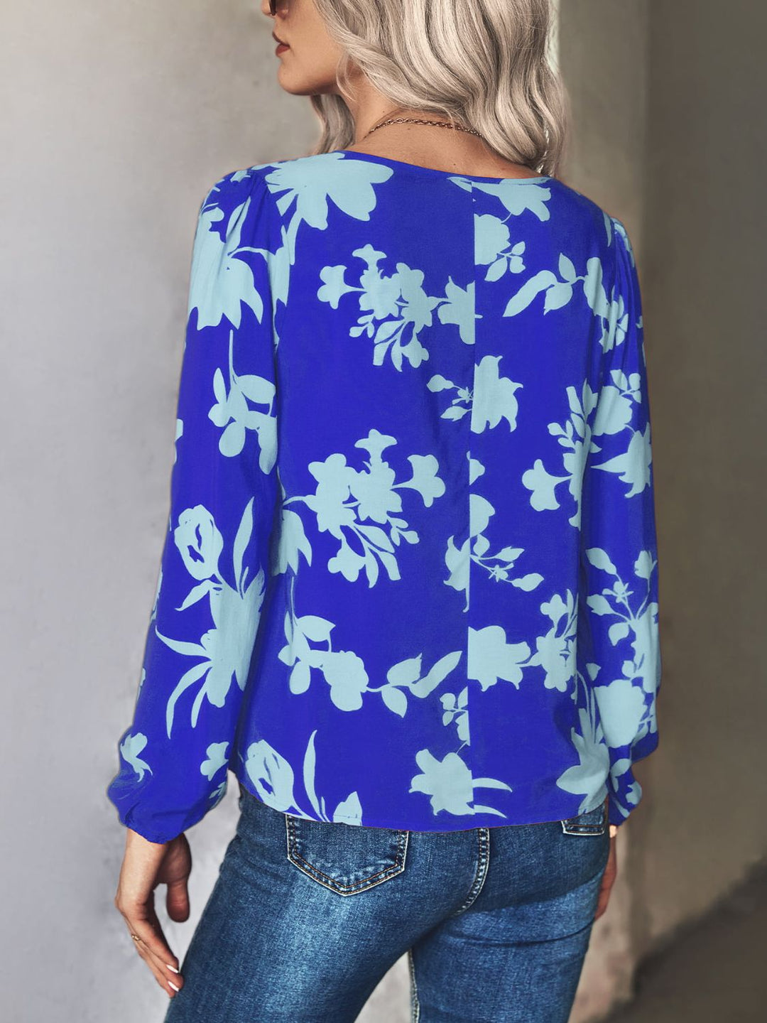 Floral print tie neck long sleeve blouse