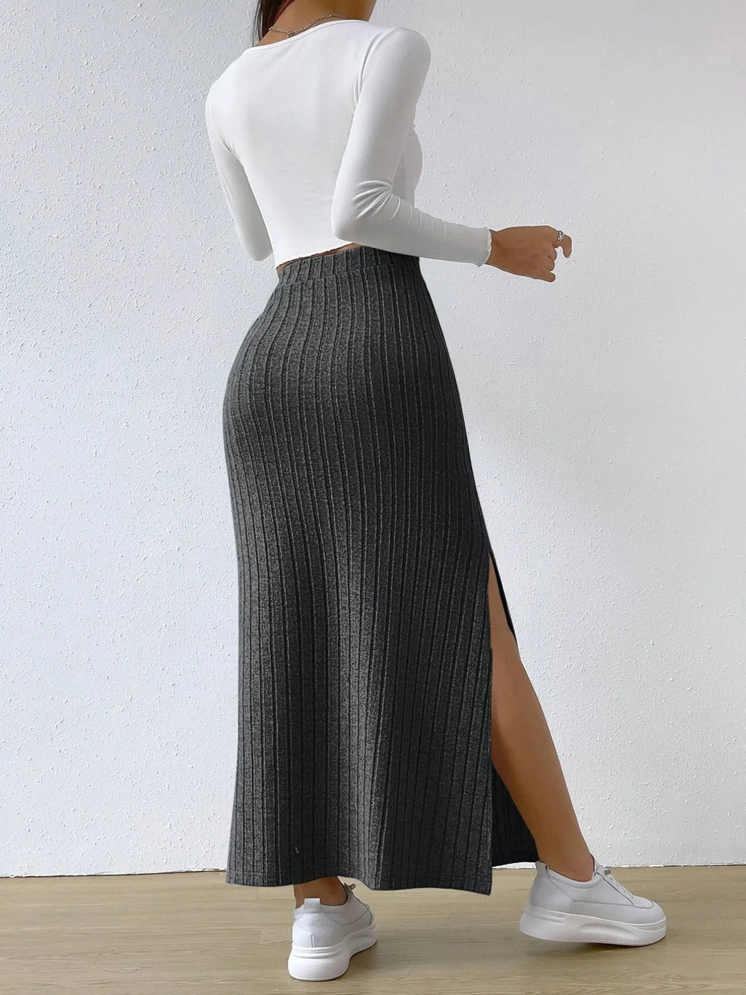 Ribbed knit high-waist maxi skirt with front slit