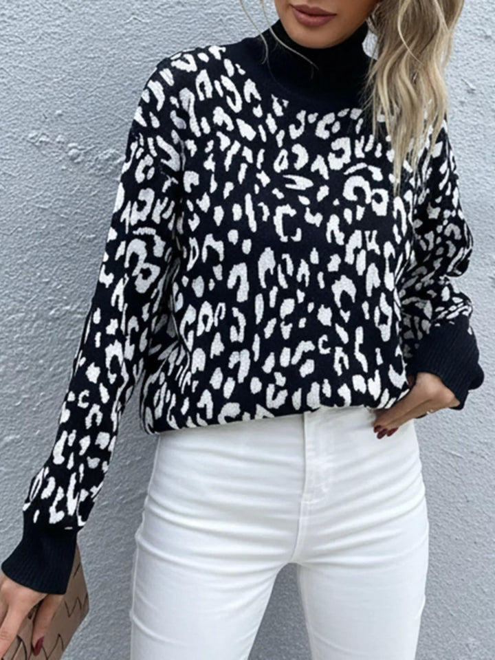 Leopard print high-neck knit pullover sweater