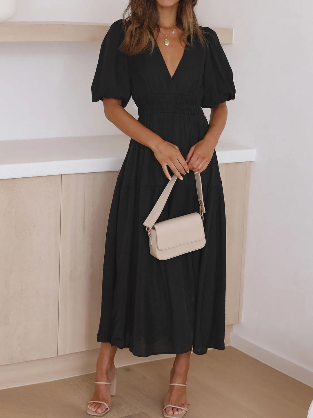 Ruched waist puff sleeve v-neck tiered midi dress