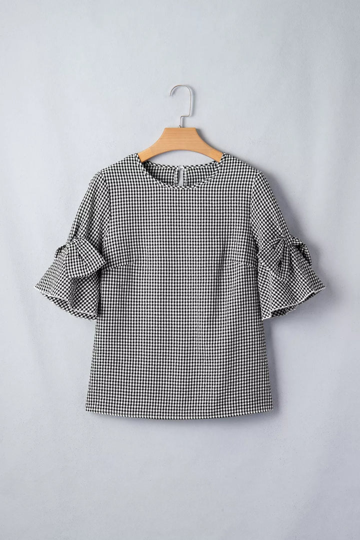 Gingham ruffle half-sleeve crew neck blouse