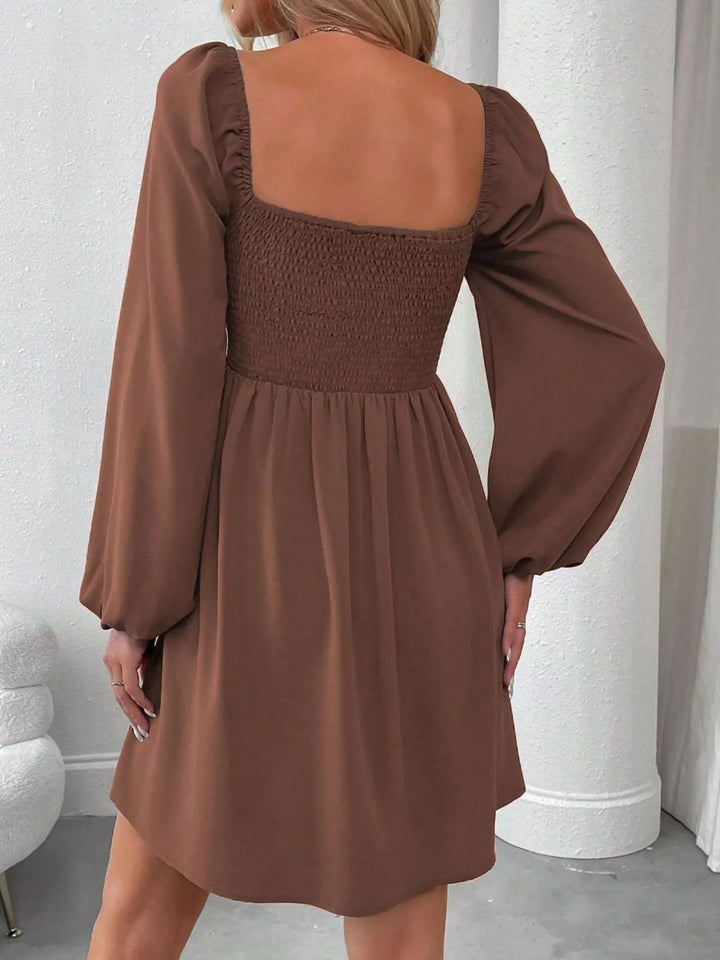 Ruched square-neck balloon sleeve A-line mini dress