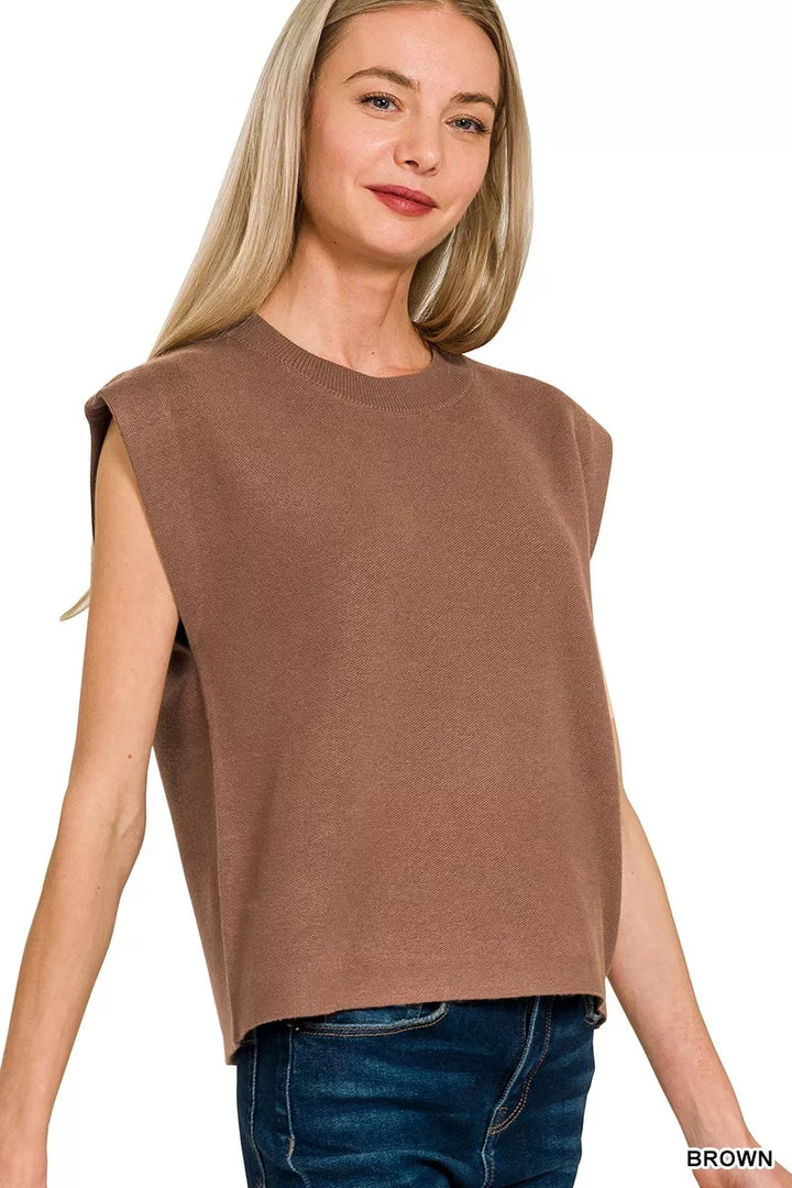 Boxy sleeveless knit sweater vest with ribbed round neck