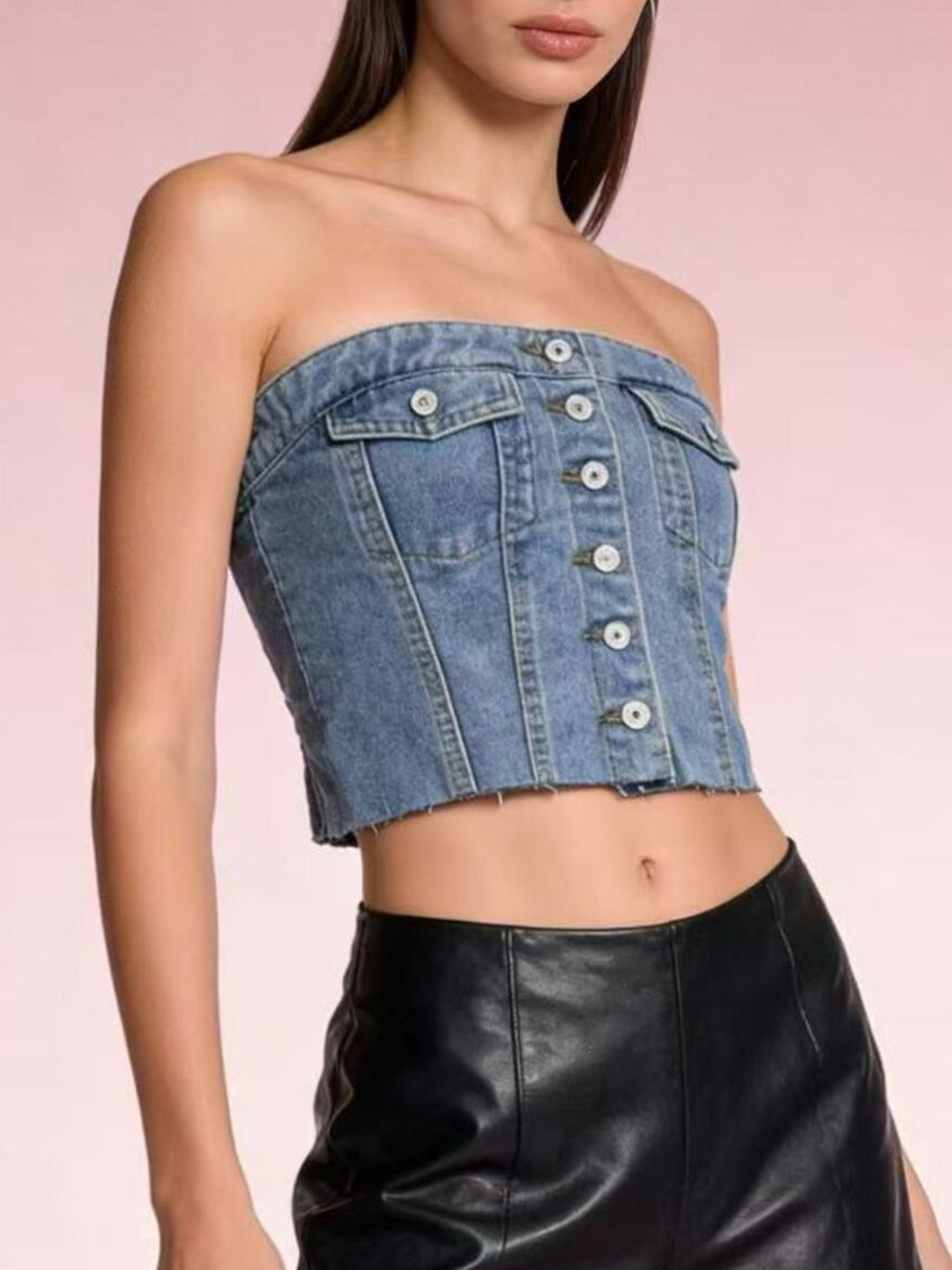 Raw-hem button-front strapless denim crop top