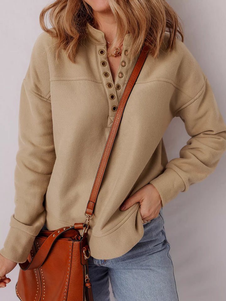 Grommet placket V-neck pullover sweatshirt