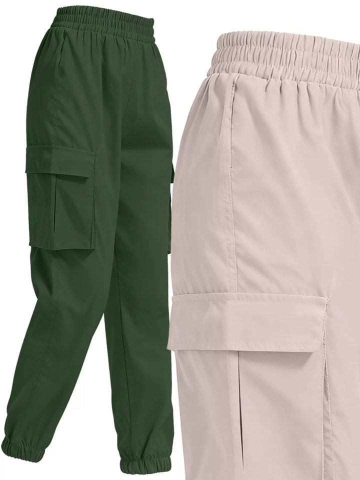 Elastic waist cargo jogger pants with flap pockets, 2-piece set