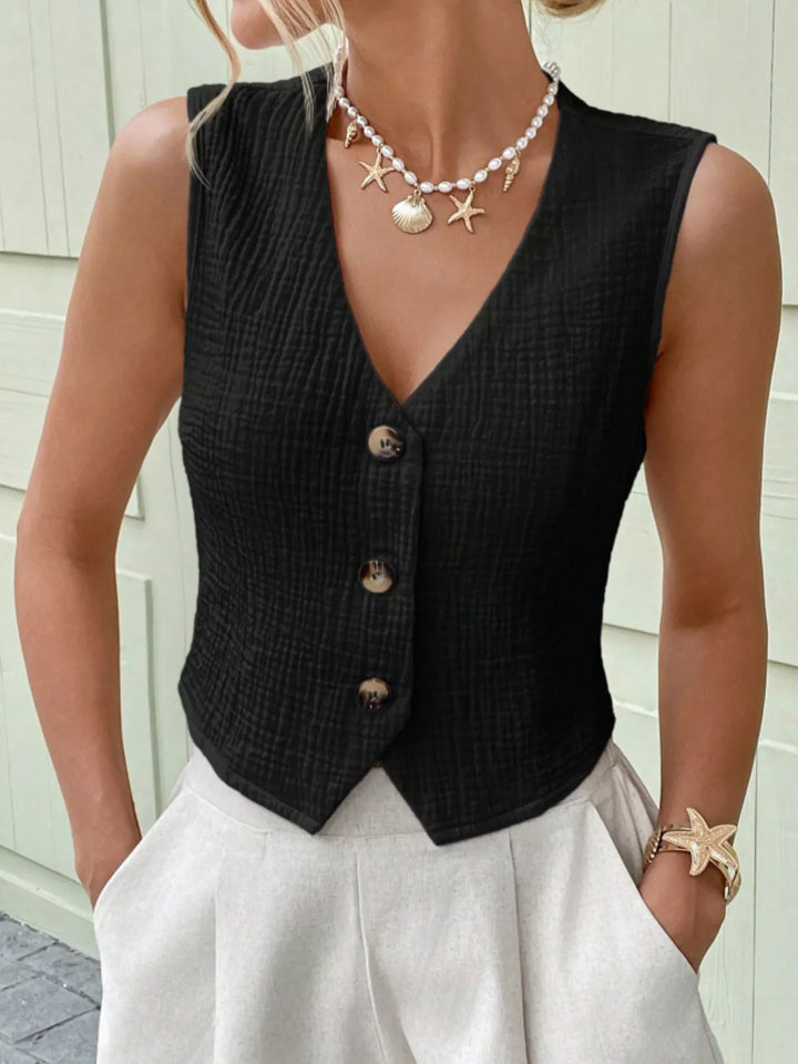 Textured cotton gauze button-front cropped vest