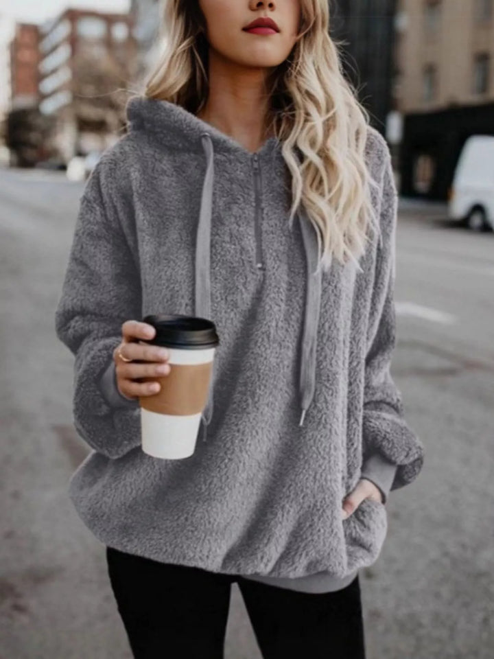 Gray Plush half-zip fleece hoodie with drawstring hood and pockets