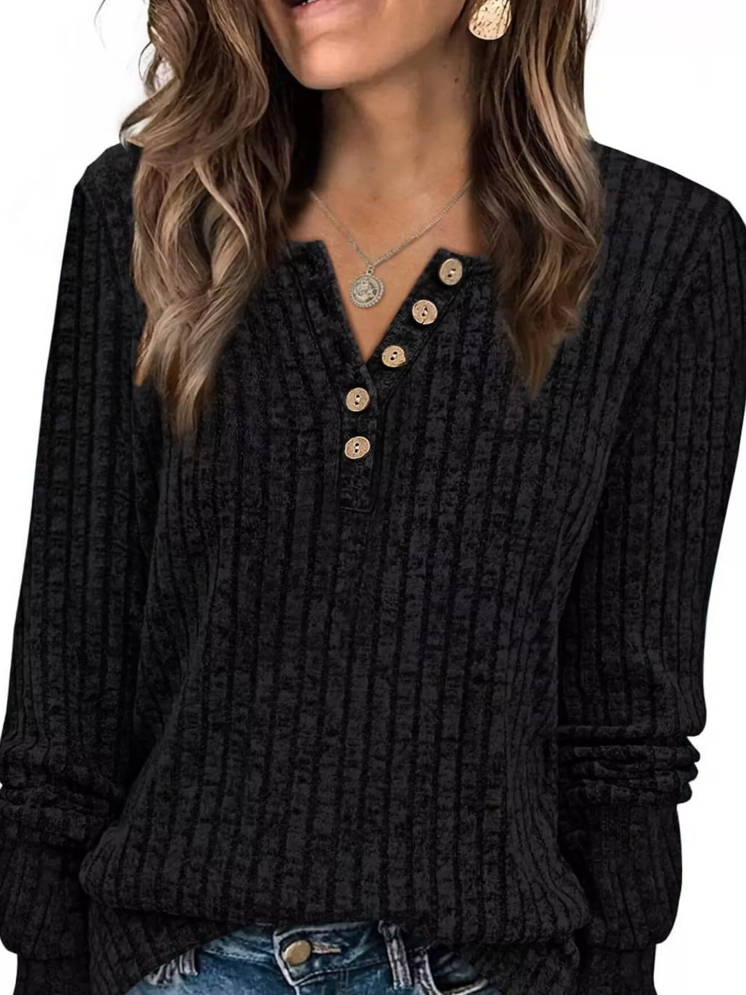 Ribbed knit button henley long sleeve top