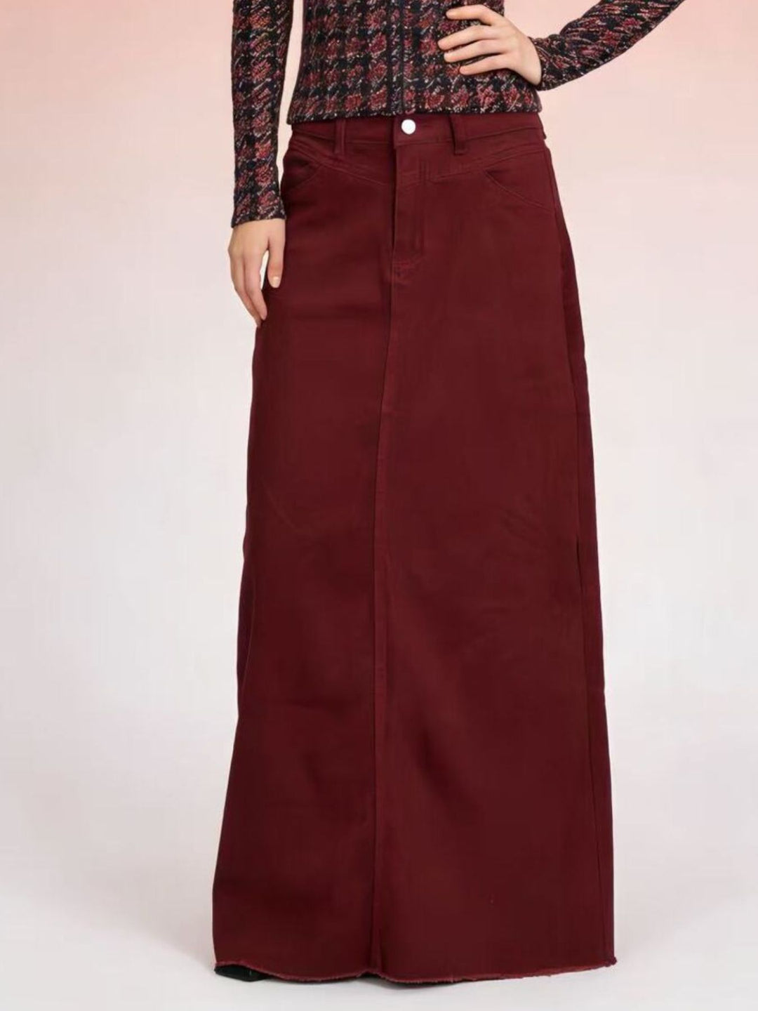 Burgundy Raw hem maxi denim skirt with button closure and front pockets
