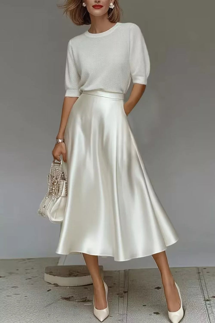White High-waist satin A-line midi skirt with pockets