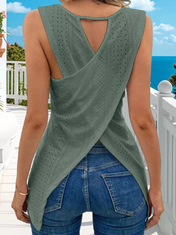 Eyelet openwork crew-neck tank with scalloped hem