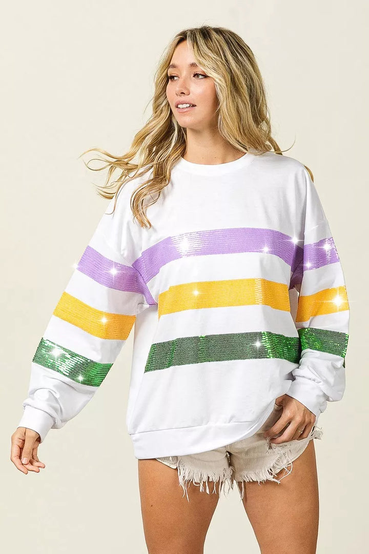 Sequin stripe Mardi Gras crewneck sweatshirt