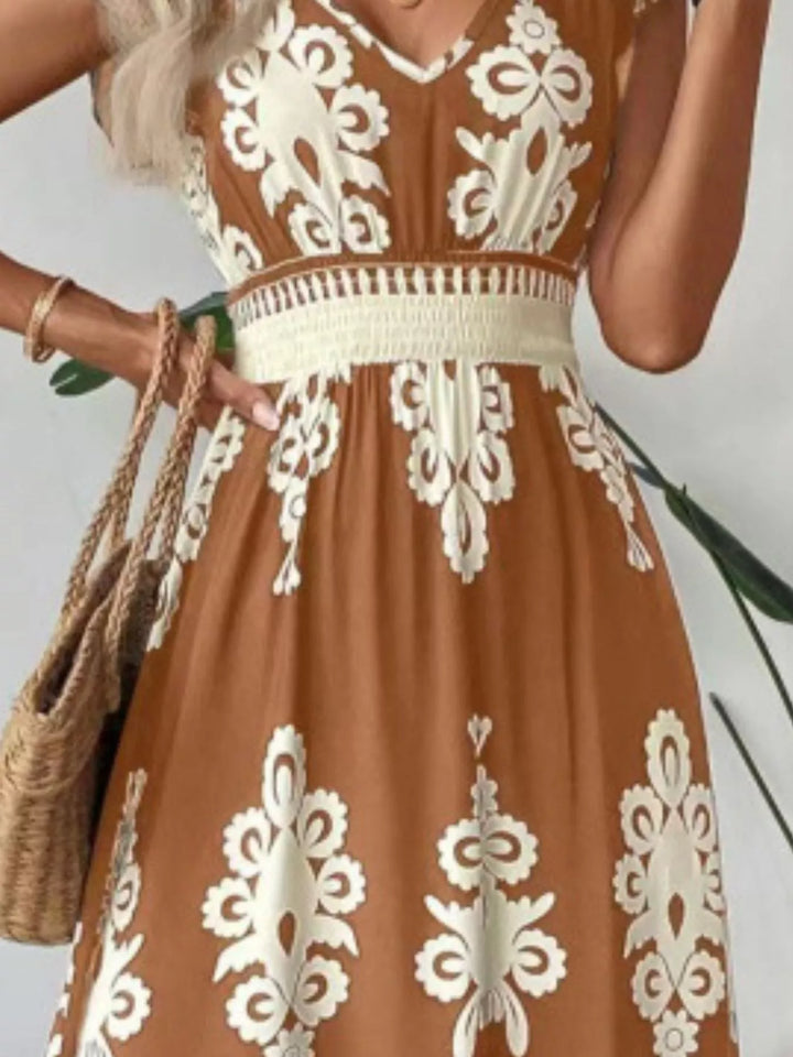 Ornate print v-neck maxi dress with flutter sleeves