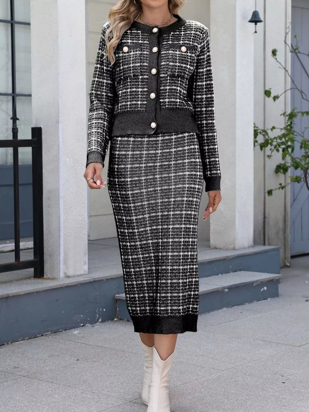 Black Pearl button plaid knit cardigan and midi skirt set