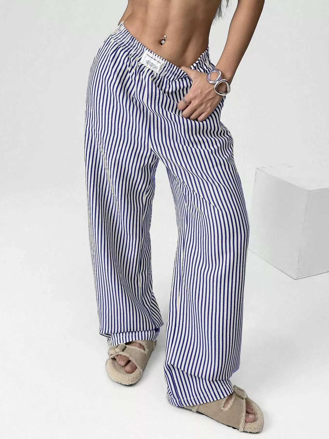Striped high-waist wide-leg pants with drawstring