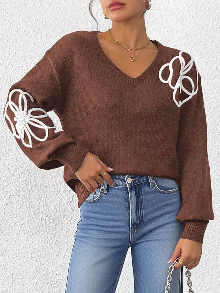 Floral applique V-neck drop shoulder knit sweater
