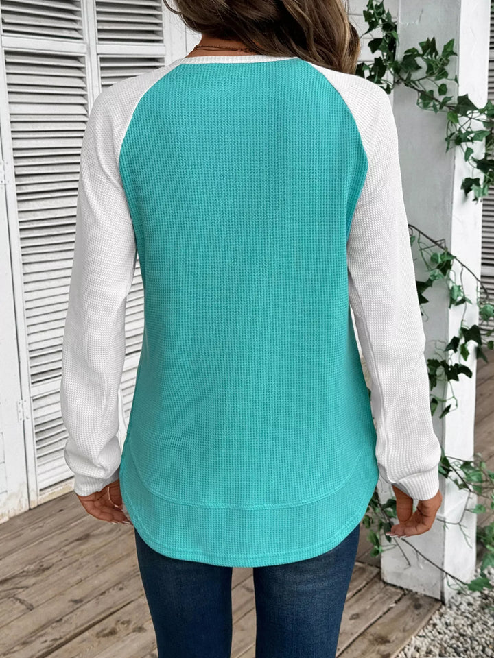 Contrast raglan waffle knit long sleeve top