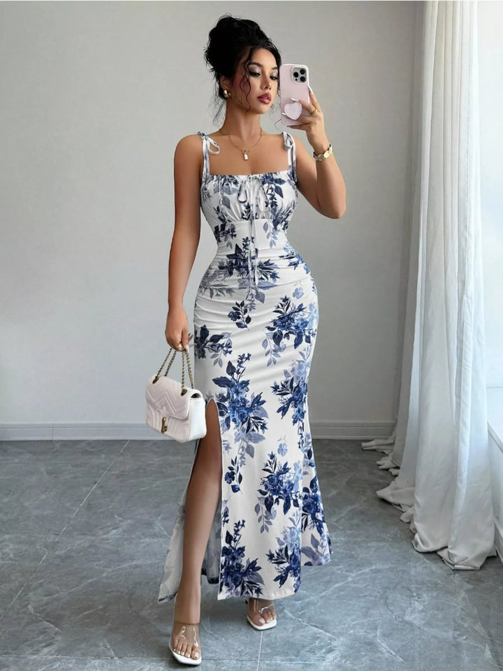 Peacock  Blue Floral print tie-strap maxi dress with side slit