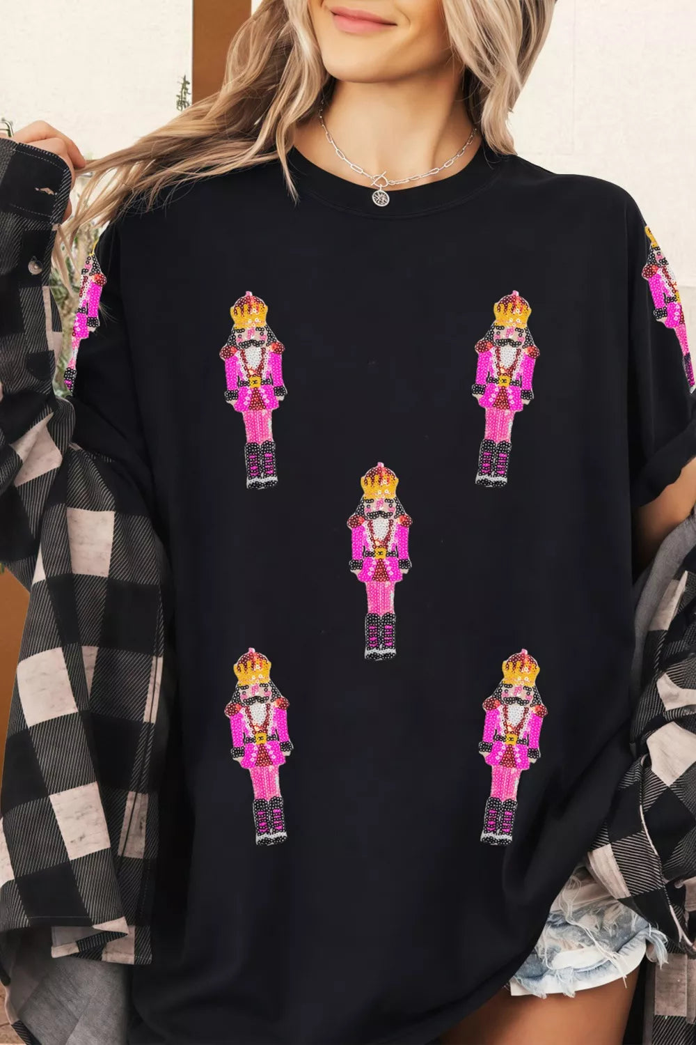 Sequin nutcracker Christmas crew neck t-shirt