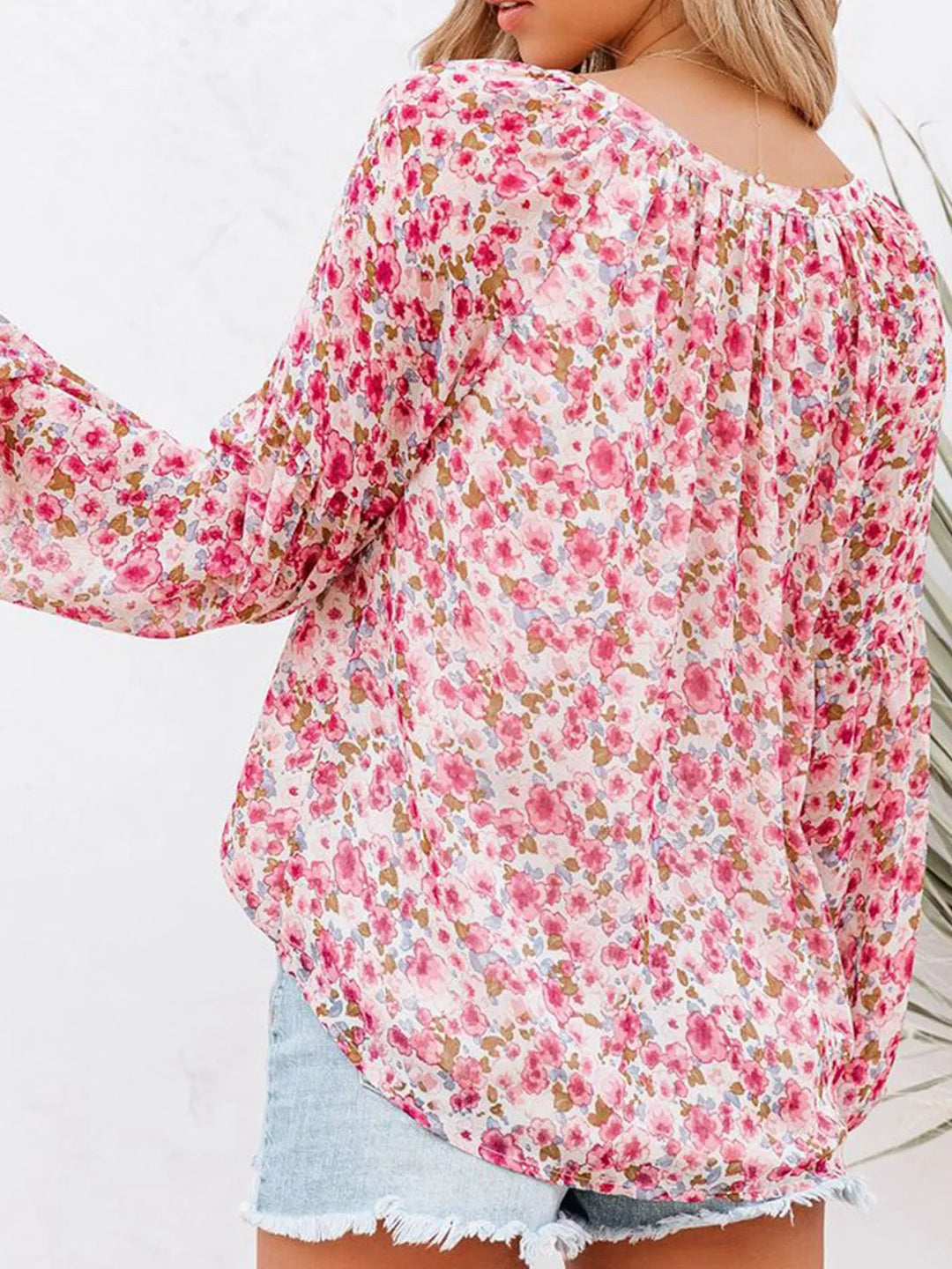 Floral print V-neck button-front blouse with long sleeves