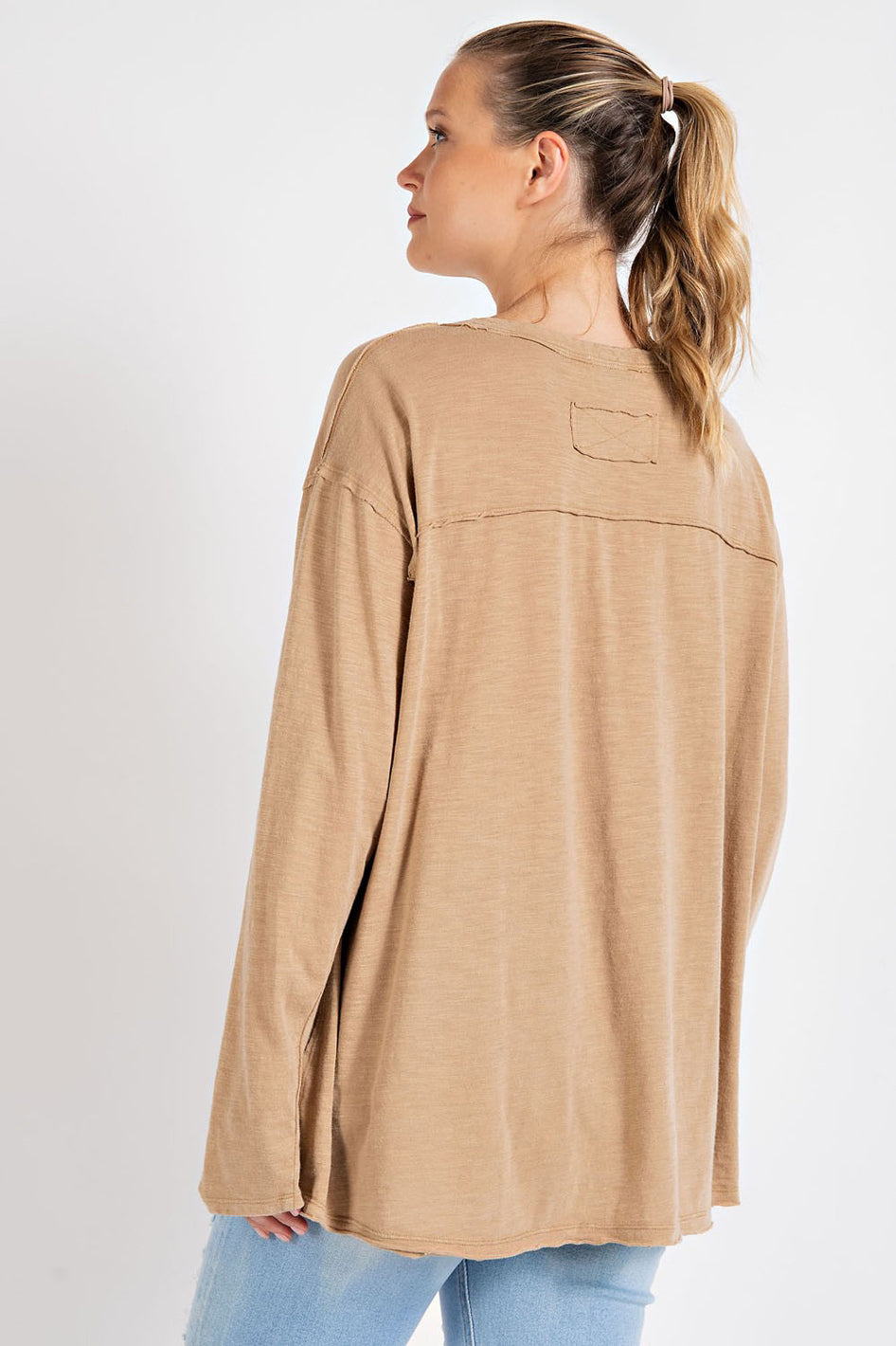 Mineral Washed Round Neckline Long Sleeves Top - Azoroh