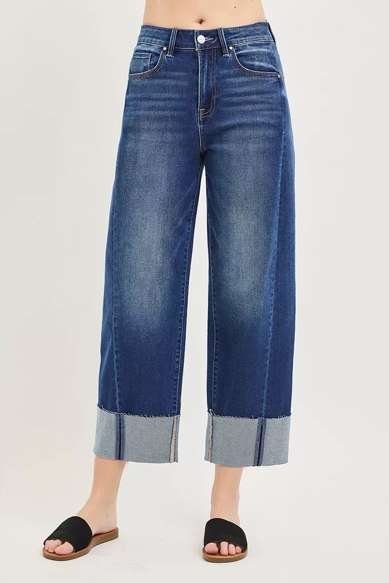 DARK Slouchy cropped barrel jeans with cuffed hem