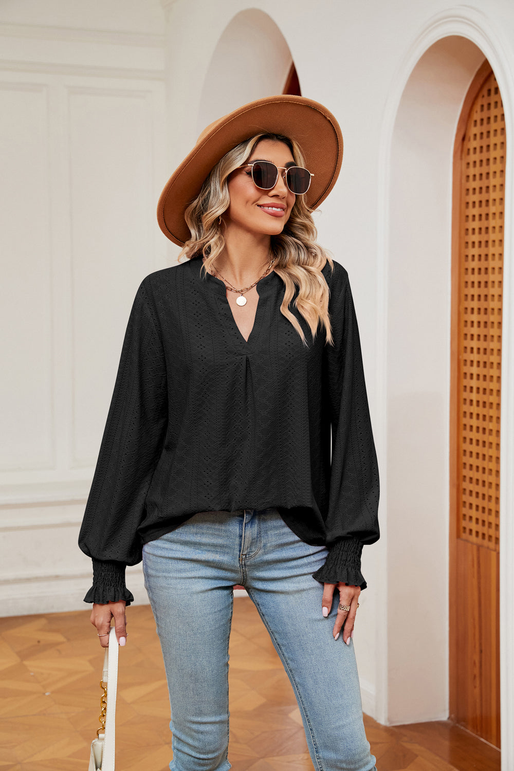 Eyelet notched-neck blouse with flounce sleeves