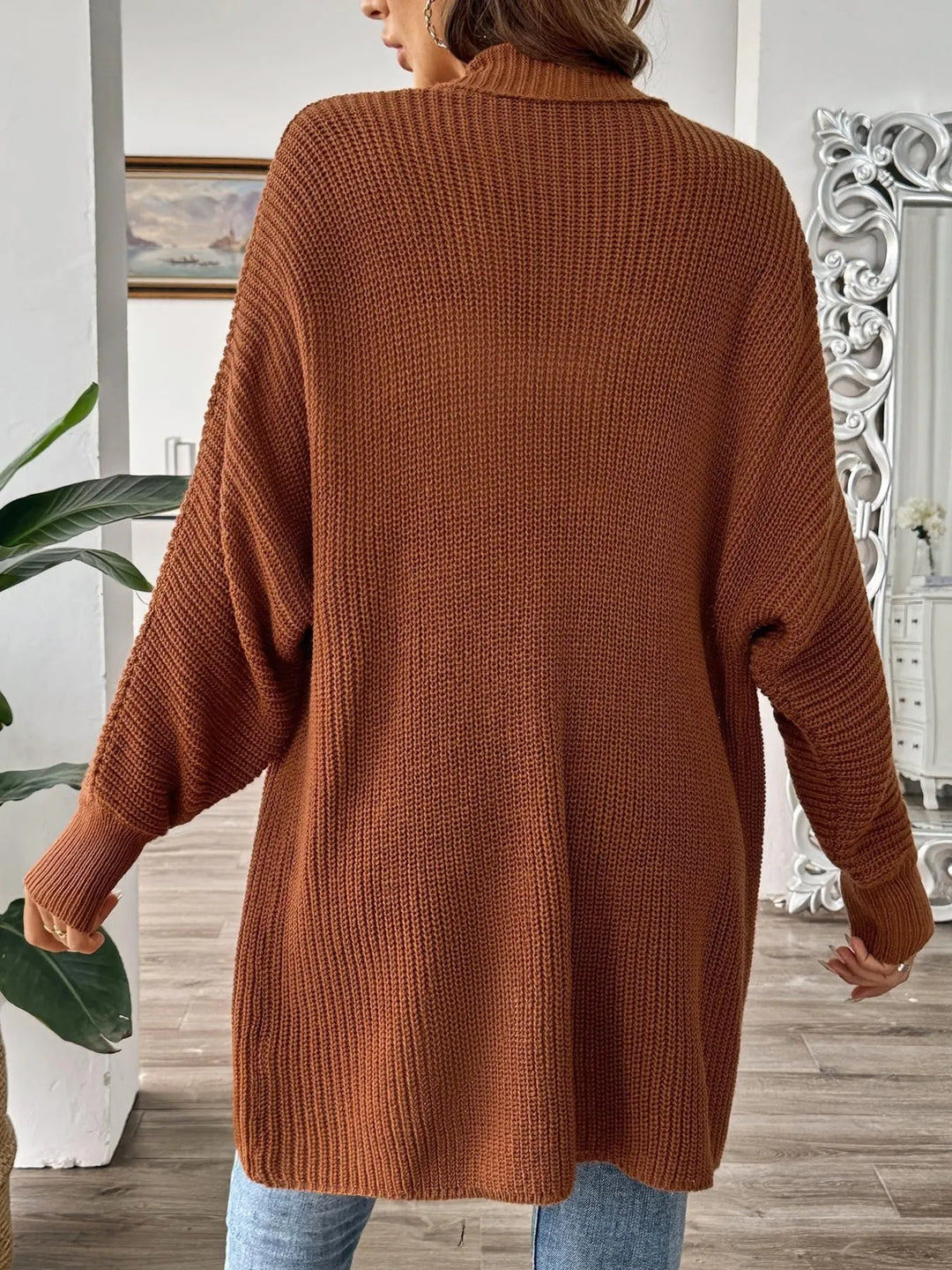 Waffle knit open front cardigan with dolman sleeves