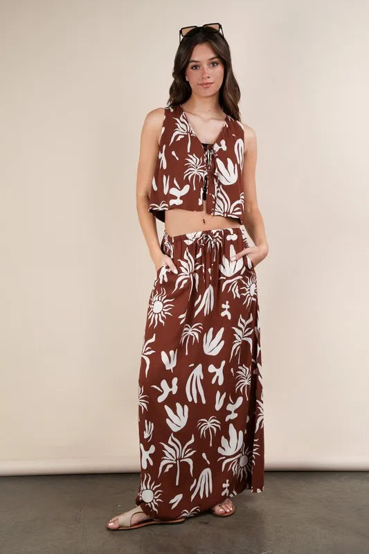 Chocolate Abstract tropical print drawstring maxi skirt