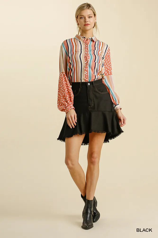 High-low flared cotton skirt with frayed hem and 5 pockets