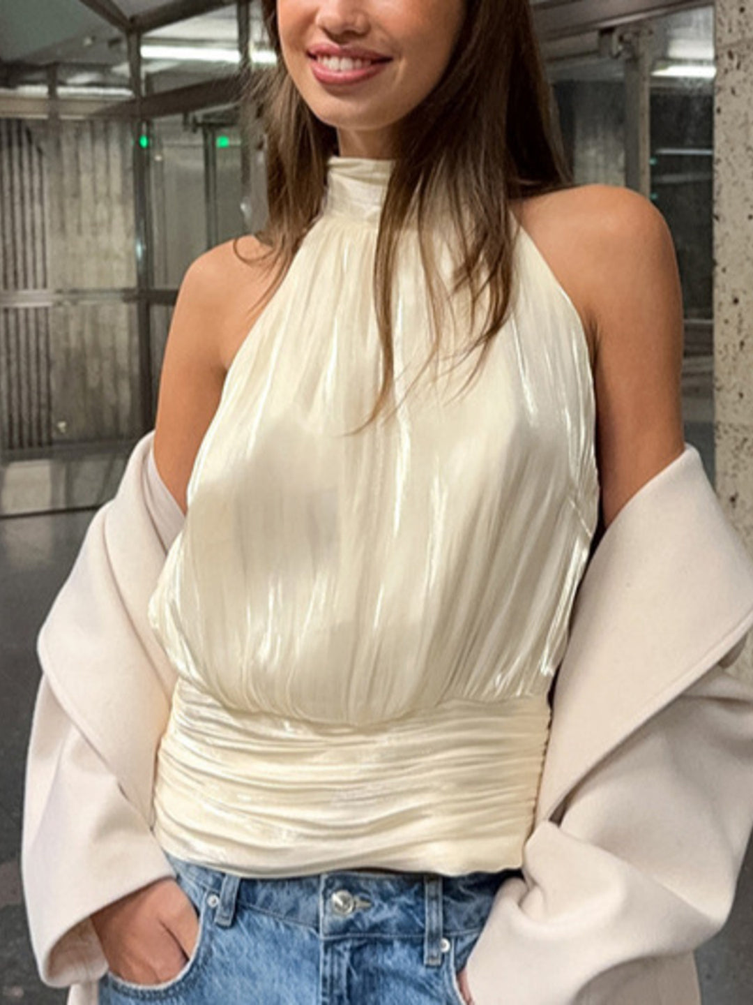 Cream Ruched satin halter top with mock neck and gathered waist
